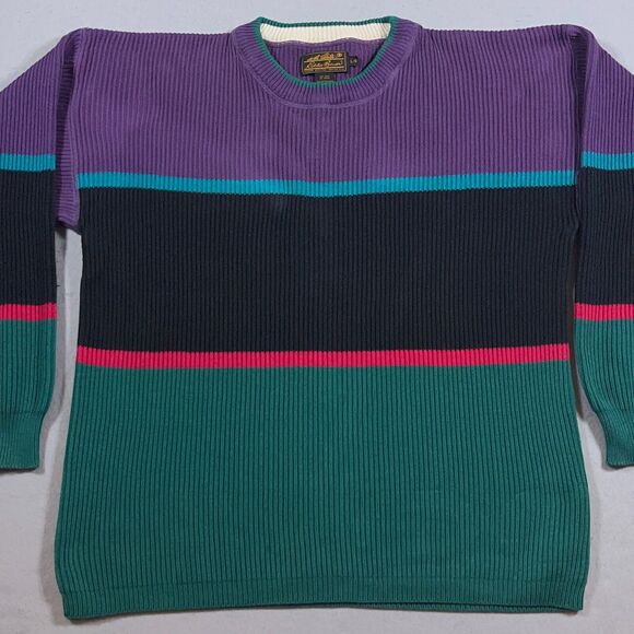 Vintage Eddie Bauer Sweater Men Large ColorBlock Crewneck Purple 80s Heavyweight - Picture 2 of 9